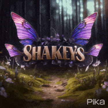 a logo for shakey 's with purple butterflies on it