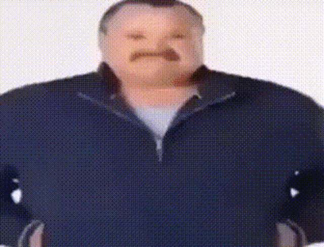 a fat man with a mustache is wearing a blue jacket and a white shirt .