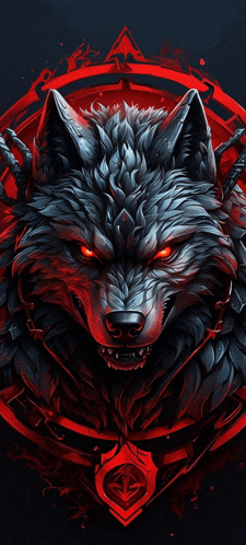 an illustration of a wolf with red eyes and a shield around its neck