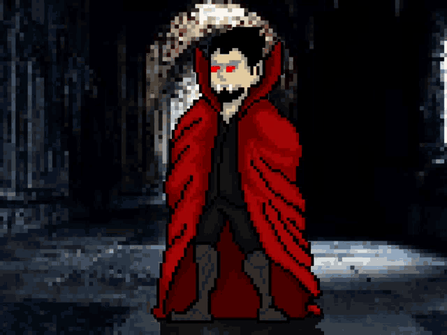 a pixel art of a vampire with red eyes and a red cape