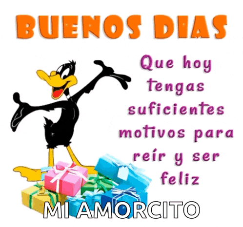 a cartoon of a duck standing next to a pile of gifts and the words buenos dias
