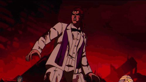 a cartoon of a man in a tuxedo with red eyes