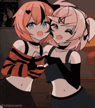 a couple of anime girls standing next to each other with the word clipxare in the corner