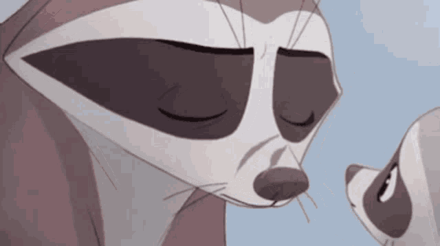a cartoon drawing of a raccoon with its eyes closed and another raccoon looking at it
