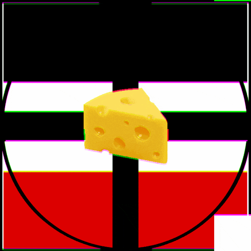 a slice of cheese is in the middle of a red and white background