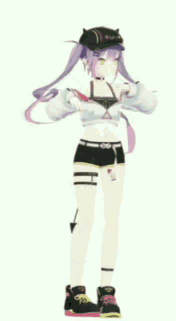 a girl with purple hair and a devil tail is pointing at something