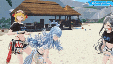 three anime girls are standing on a beach with a sign that says #h3ronightlive in the background