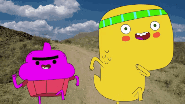 a pink cupcake and a yellow monster are standing next to each other