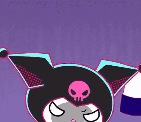 a cartoon character with a skull on her head and a purple background .