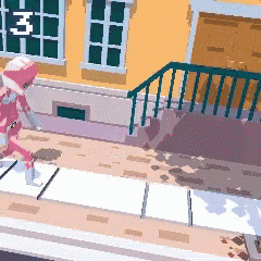 a pixel art drawing of a person walking on a sidewalk with the number 3 above them