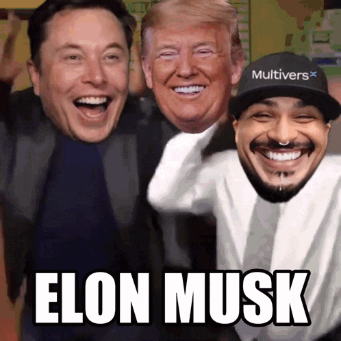 elon musk and donald trump are laughing together with a man wearing a hat that says multiversx