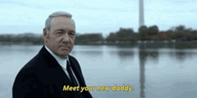a man in a suit and tie is standing next to a body of water and says meet your new daddy .