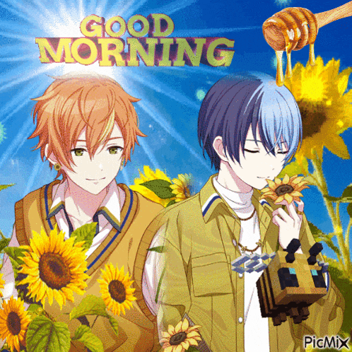 a couple of anime characters standing next to sunflowers with the words good morning written above them