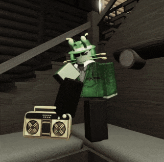 a cartoon character in a green suit is holding a radio