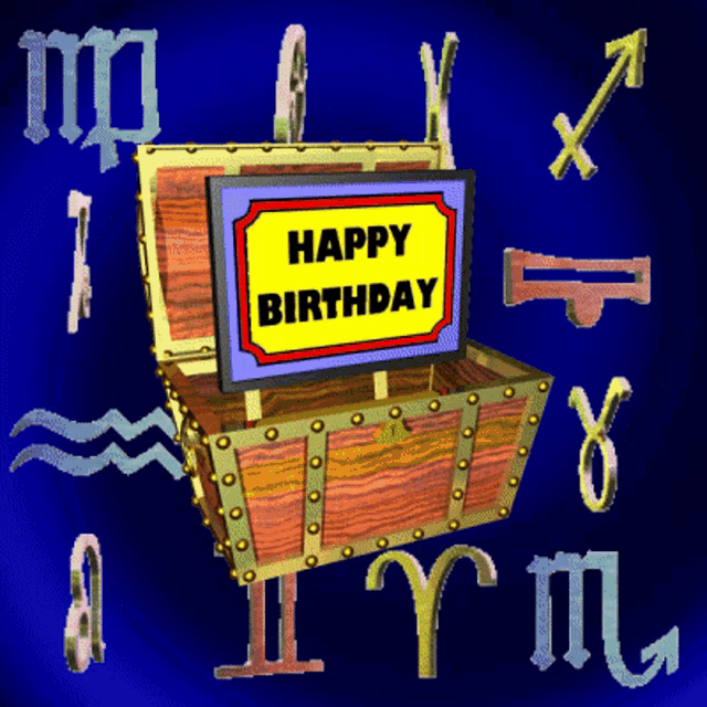 a treasure chest with a sign that says " happy birthday "