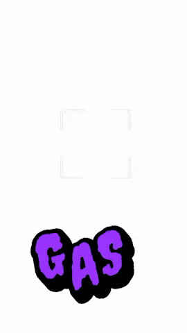 a woman is wearing a purple shirt with a purple gas sticker on it