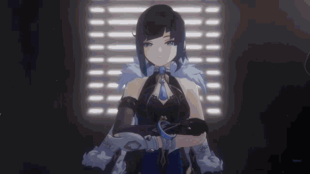 a girl in a black dress and white gloves is standing in a dark room