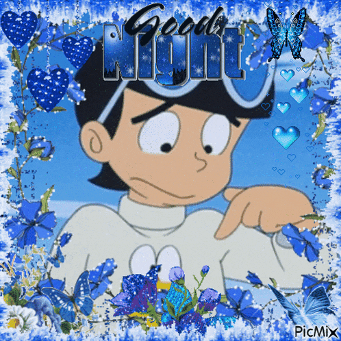a picture of a cartoon character with the words good night written on it