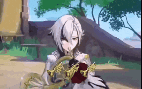 a girl is playing a trumpet in a video game while sitting on the ground .