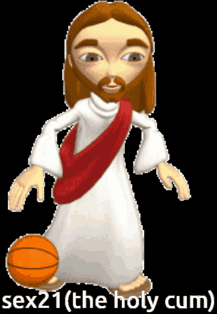 a cartoon of jesus holding a basketball with the text sex21 ( the holy cum ) below him