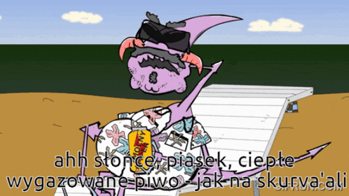 a cartoon of a purple monster sitting on a beach chair with a drink in his hand