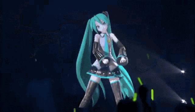 a cartoon character with green hair and blue wings is dancing on stage