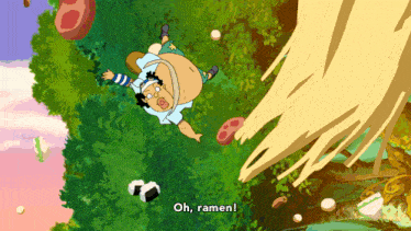 a cartoon of a man falling with the words oh ramen written below him