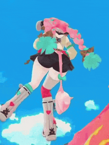 a cartoon character with pink hair and green gloves is flying in the air