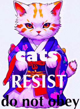 a cat in a kimono with the words cats resist do not obey below it