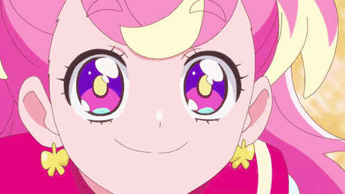 a close up of a cartoon girl with pink hair and earrings