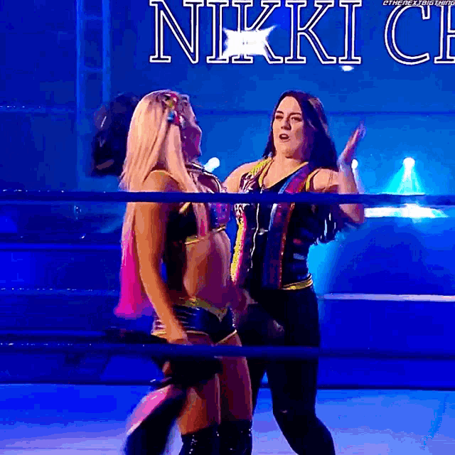 two women in a wrestling ring with the word nikki on the wall