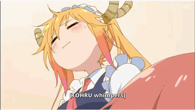 a cartoon of a girl with horns and the words " tohru whimpers "