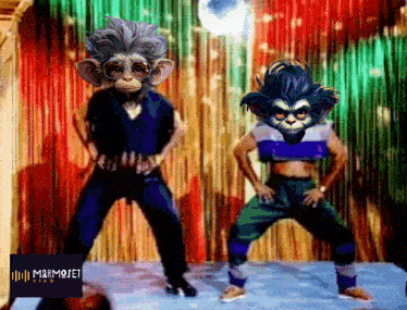 a couple of monkeys are dancing in front of a colorful curtain and a sign that says marmojet club