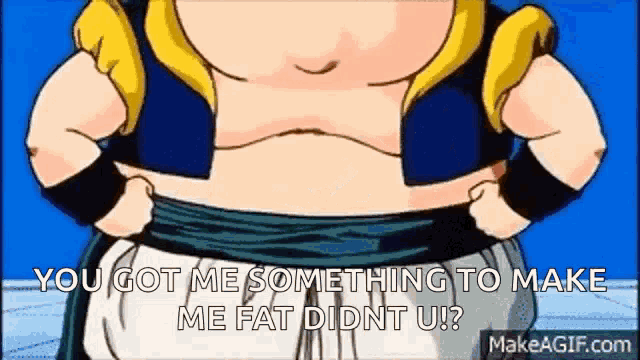a cartoon character with a very fat belly is talking to another character .
