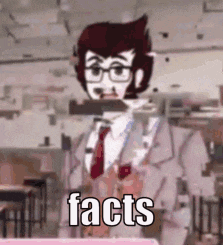 a man in a suit and tie is standing in a classroom with the words `` facts '' written on the screen .