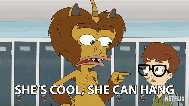 a cartoon character says she 's cool she can hang next to a boy with glasses