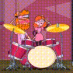 two cartoon characters are playing drums in a pink room