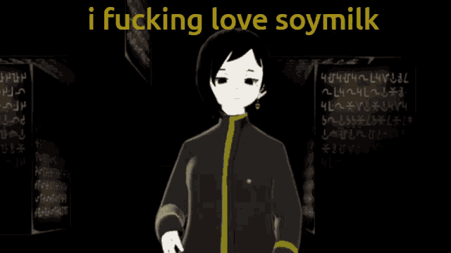 a cartoon character with the words i fucking love soymilk above her