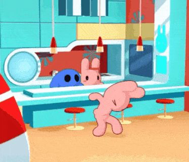 a cartoon of a pink bunny and a blue monster standing in a kitchen