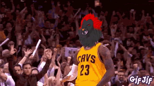 a basketball player wearing a cavs jersey stands in front of a crowd of people
