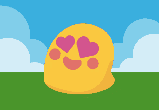 a yellow cartoon character with pink hearts in its eyes