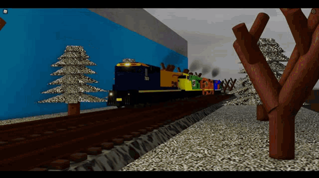 a train is going down the tracks with a blue wall behind it and trees in the foreground