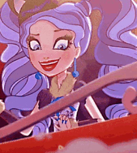 a cartoon girl with purple hair is holding a microphone and smiling .