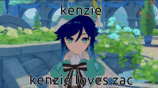a cartoon of a girl with blue hair and the words kenzie loves zac