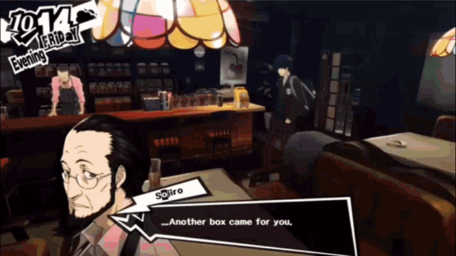 a video game screen shows a man talking about another box came for you