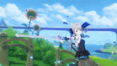 a girl with a cat ear is holding a sword