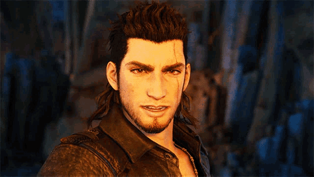 a man with long hair and a beard is wearing a brown leather jacket