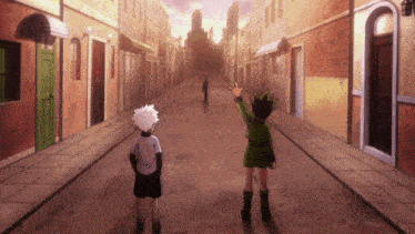 two anime characters standing on a street with one waving his hand