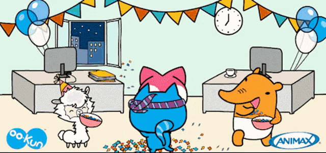 a cartoon of a llama a cat and a bear with animax logos on the bottom