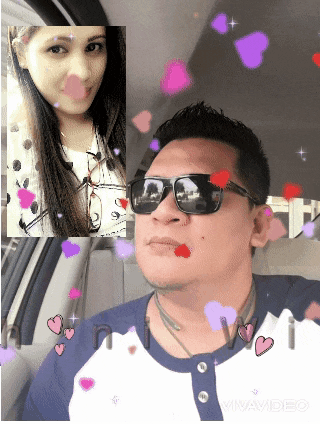 a man wearing sunglasses is surrounded by hearts and a woman in a car